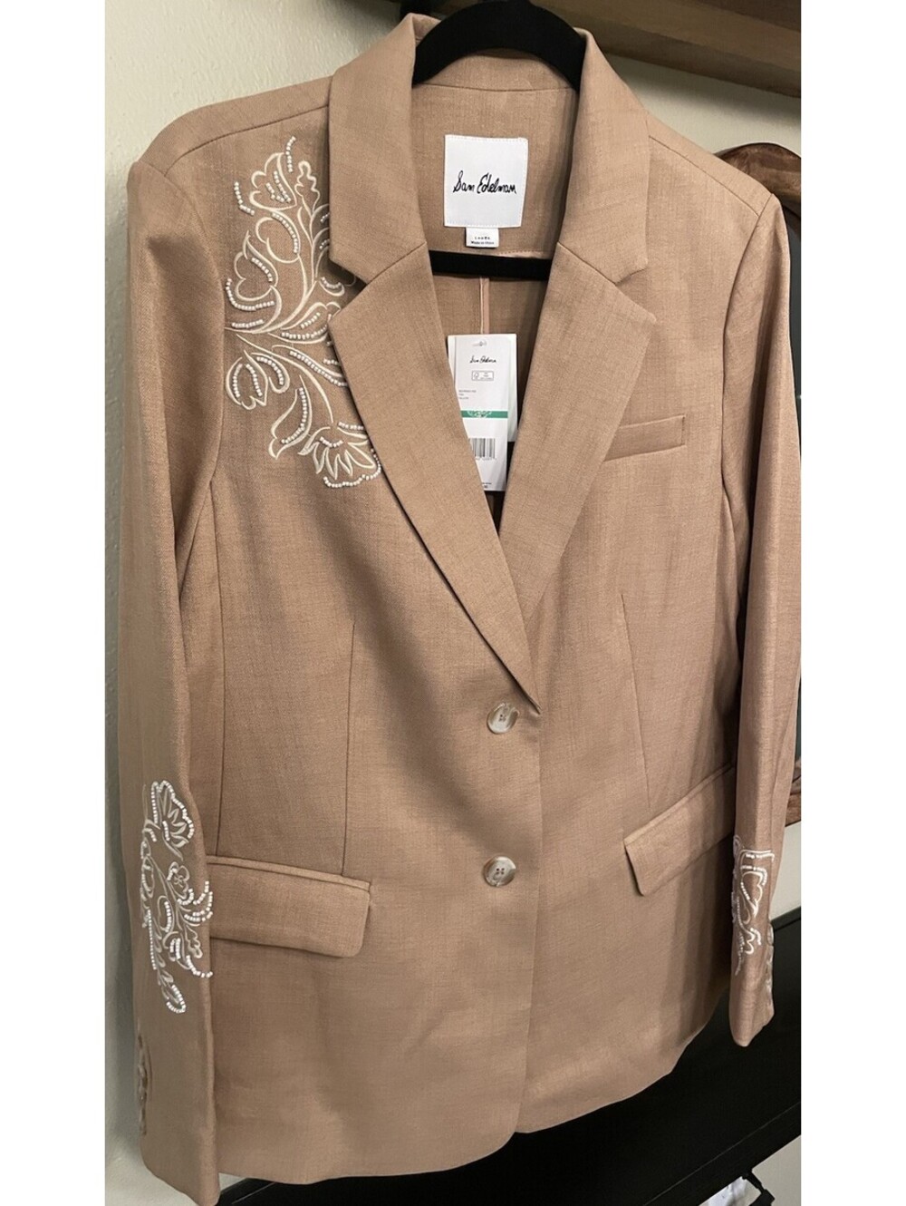 SAM EDELMAN Women’s Fallon Bead Detail Tan Beige Slim 2 Button Blazer NWT Large